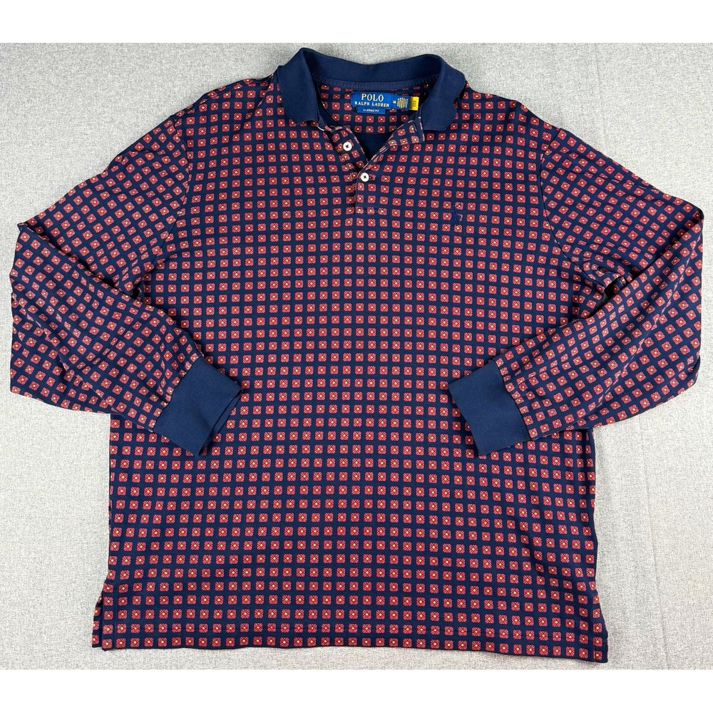 Polo Ralph Lauren Mens M Classic Fit Long Sleeve Polo Shirt Geometric Print